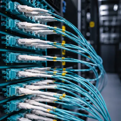 Teal Fiber Optic Network Connections Close-Up