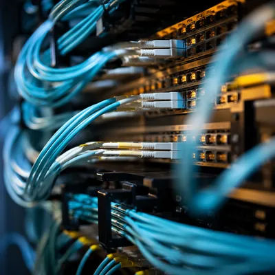 Photorealistic Cloud Network Patch Panel Close-Up