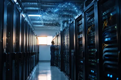 Cloud Network Nodes Over Dawn Server Room