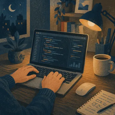 Evening Coding Workspace with Laptop Glow