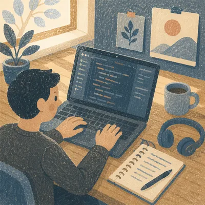 Calm Developer Workspace with Laptop Coding