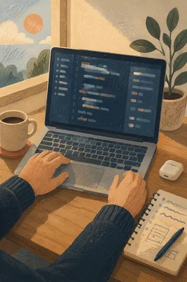 Calm Developer Workspace with Laptop Coding