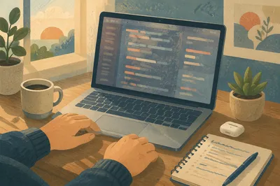 Focused Developer Laptop Workspace at Dawn