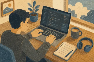 Calm Developer Workspace with Laptop Coding