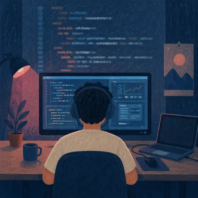 Dark Developer Workspace With Glowing Code Screen