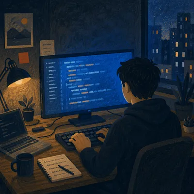 Late Night Coding Workspace in Blue Glow