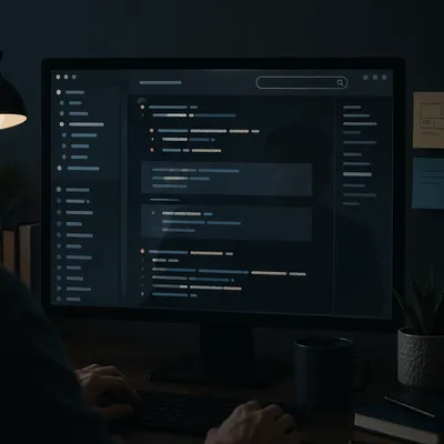 Dark Developer Monitor in Dim Office