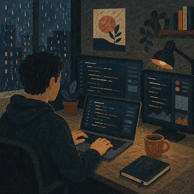 Late Night Developer Coding in Dark Workspace