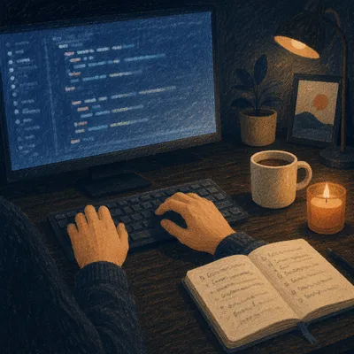 Contemplative Developer Typing in Midnight Workspace