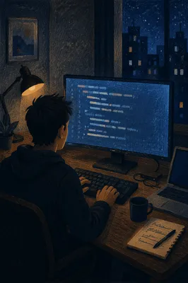 Late Night Coding Workspace with Blue Glow