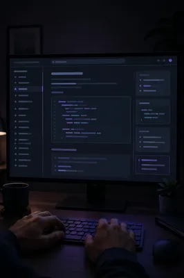 Dark Mode Coding Monitor with Developer Hands