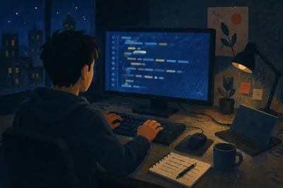 Late Night Coding Workspace in Blue Glow