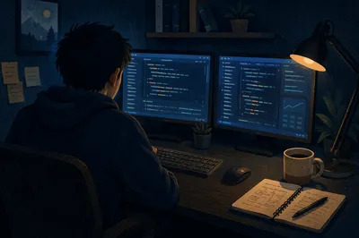 Late Night Coding Setup with Blue Glow