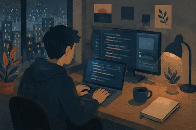 Late Night Developer Coding in Dark Workspace