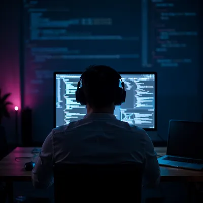 Dark Developer Workspace With Glowing Code