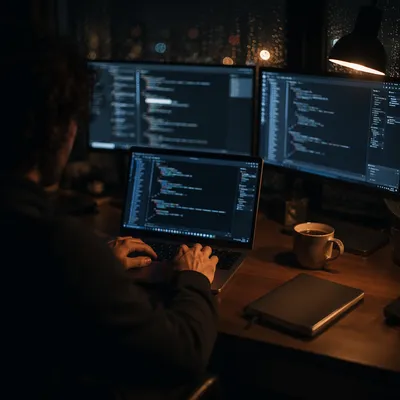 Late Night Developer Coding in Dark Workspace