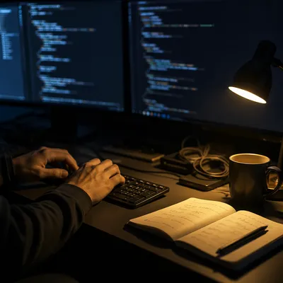 Late Night Developer Workspace With Glowing Code