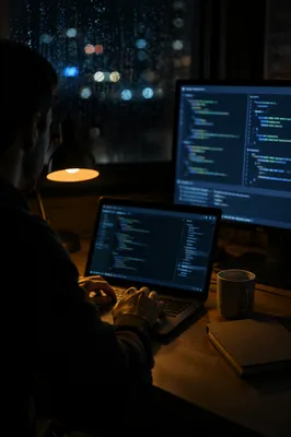 Late Night Developer Coding in Rainy Workspace
