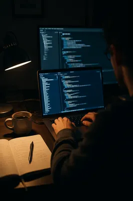 Focused Developer Coding in Dark Workspace