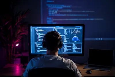 Dark Developer Workspace With Glowing Code