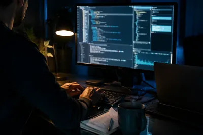 Late Night Coding Workspace in Blue Glow