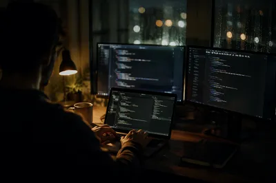 Late Night Developer Coding in Dark Workspace