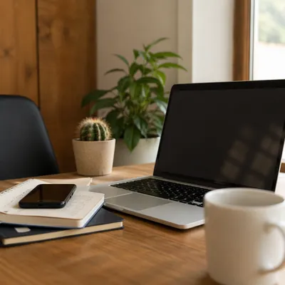 Modern Laptop Workspace with Warm Wood Desk