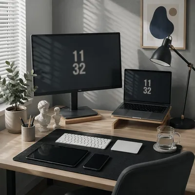 Modern Desk Workspace with Laptop and Monitor
