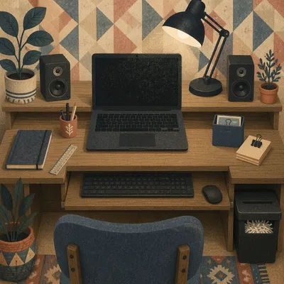 Modern Laptop Workspace with Geometric Backdrop