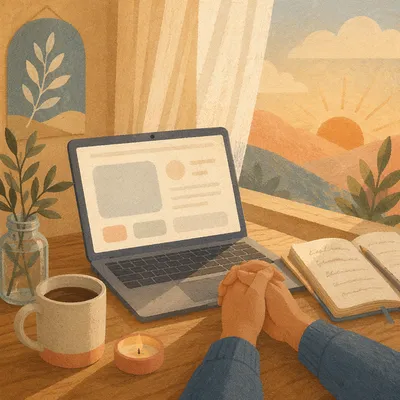 Morning Laptop Workspace with Warm Sunrise Light