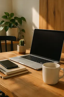 Modern Laptop Workspace With Warm Wood Desk