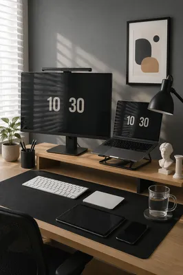 Modern Laptop Workspace with Minimal Clock Screens