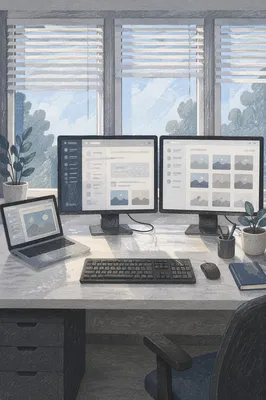 Modern Laptop Desk Workspace with Dual Monitors