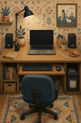 Modern Laptop Workspace with Geometric Folk Backdrop