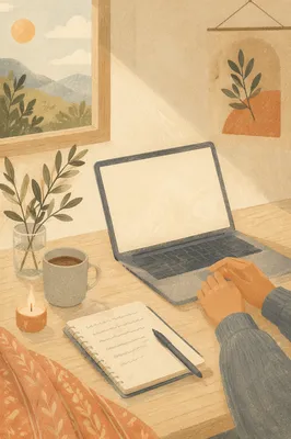 Quiet Dawn Laptop Workspace with Olive Leaves