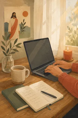 Modern Faithful Laptop Workspace at Dawn