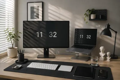 Modern Technology Workspace on Pale Wood Desk