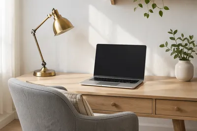 Modern Laptop Workspace with Brass Lamp