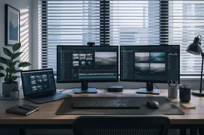 Modern Laptop Desk Workspace with Dual Monitors