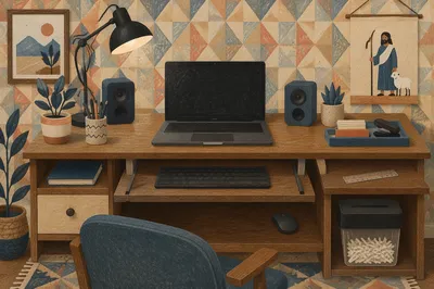 Modern Laptop Workspace with Patterned Backdrop