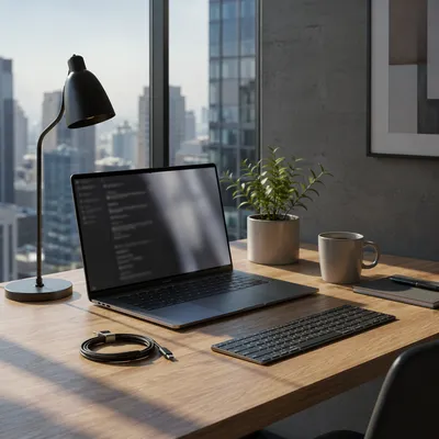 Modern Laptop Workspace by Office Window
