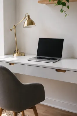 Modern Laptop Workspace with Brass Desk Lamp