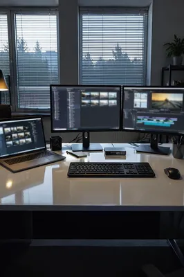 Modern Office Laptop and Dual Monitor Workspace
