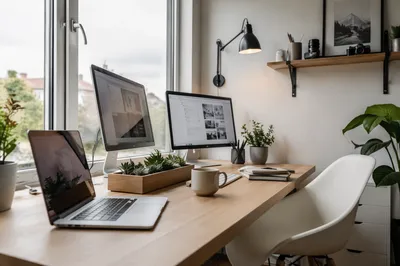 Modern Laptop Workspace by Bright Window