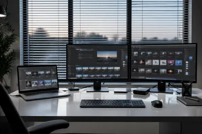 Modern Laptop Desk Workspace With Dual Monitors