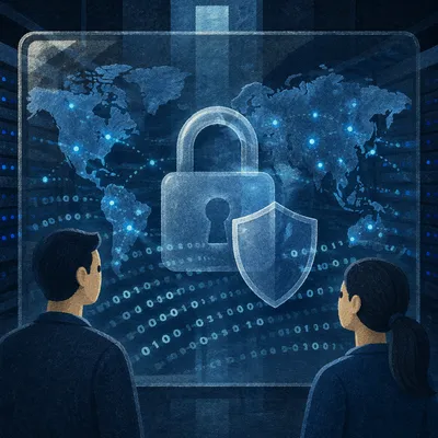 Cybersecurity Lock Shield on Digital World Map