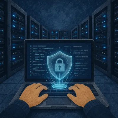 Cybersecurity Shield Over Laptop in Server Room
