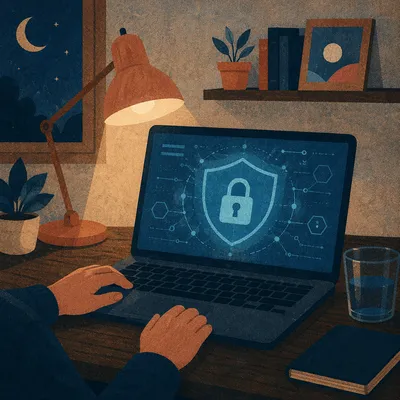 Cybersecurity Shield Over Laptop at Night