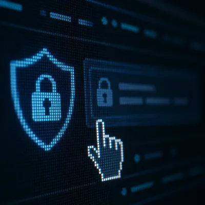 Glowing Cybersecurity Shield on Dark Screen
