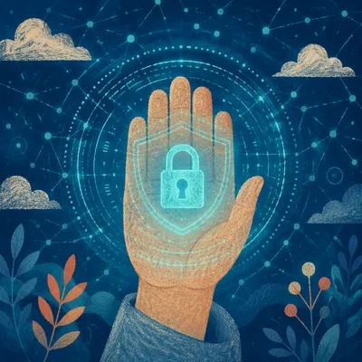 Cybersecurity Hand with Holographic Lock Shield